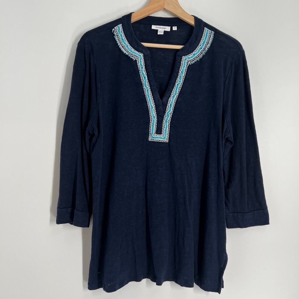 Chico's Linen Embellished Linen Tunic Top Womens 2 / Large Navy Turquoise Beaded